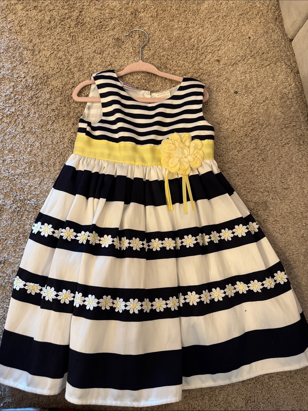 Blueberi Boulevard Navy & White Striped Dress with Yellow Sash and Flower